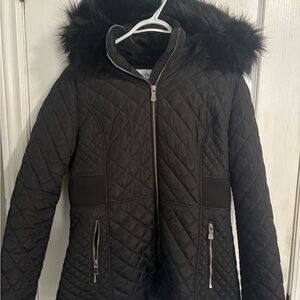 Calvin Klein Black Quilted Hooded Puffer with Faux Fur Trim